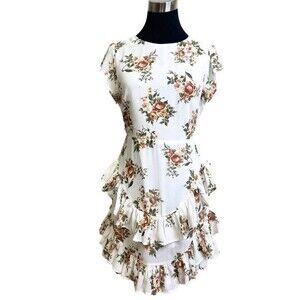 Women's White Floral Ruffle Mini Dress with Open Back Detail, Bridal Size M